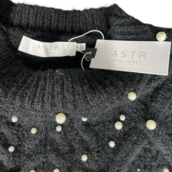 ASTR The Label Crew Neck Black Faux Pearls Knit Sweater Long Sleeve Size Small - Picture 9 of 12